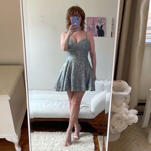 CITY STUDIO BLUE GREY IRIDESCENT SEQUIN FIT FLARE DRESS WHITE TULLE CRINOLINE